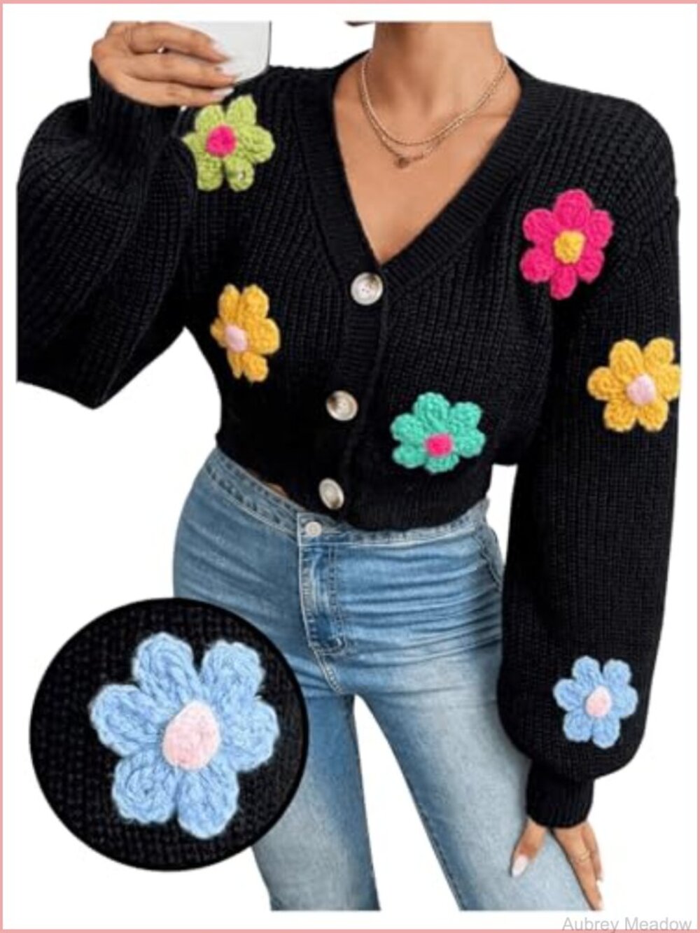 Women's Button Down V Neck Cropped Knitted Lantern Sleeve Cardigan Sweater - Picture 4 of 6
